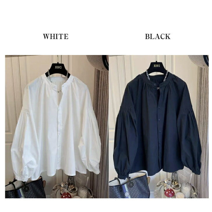 楽天市場】バルーンスリーブノーカラーブラウス□ボリュームスリーブ