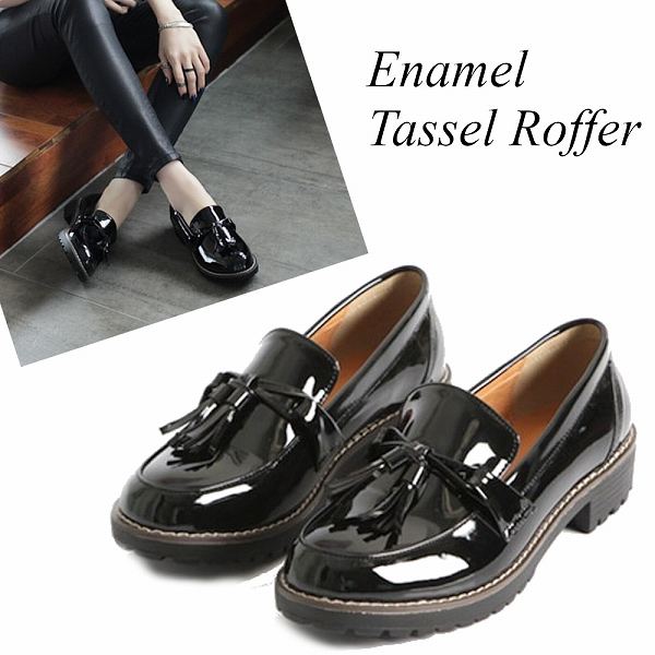 楽天市場】ローファー レディース ヒール エナメル 黒 タッセル