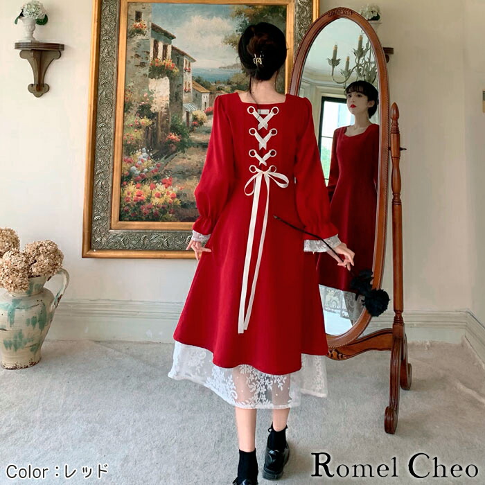 楽天市場】RomelCheo バック レースアップ ワンピース 編み上げ リボン