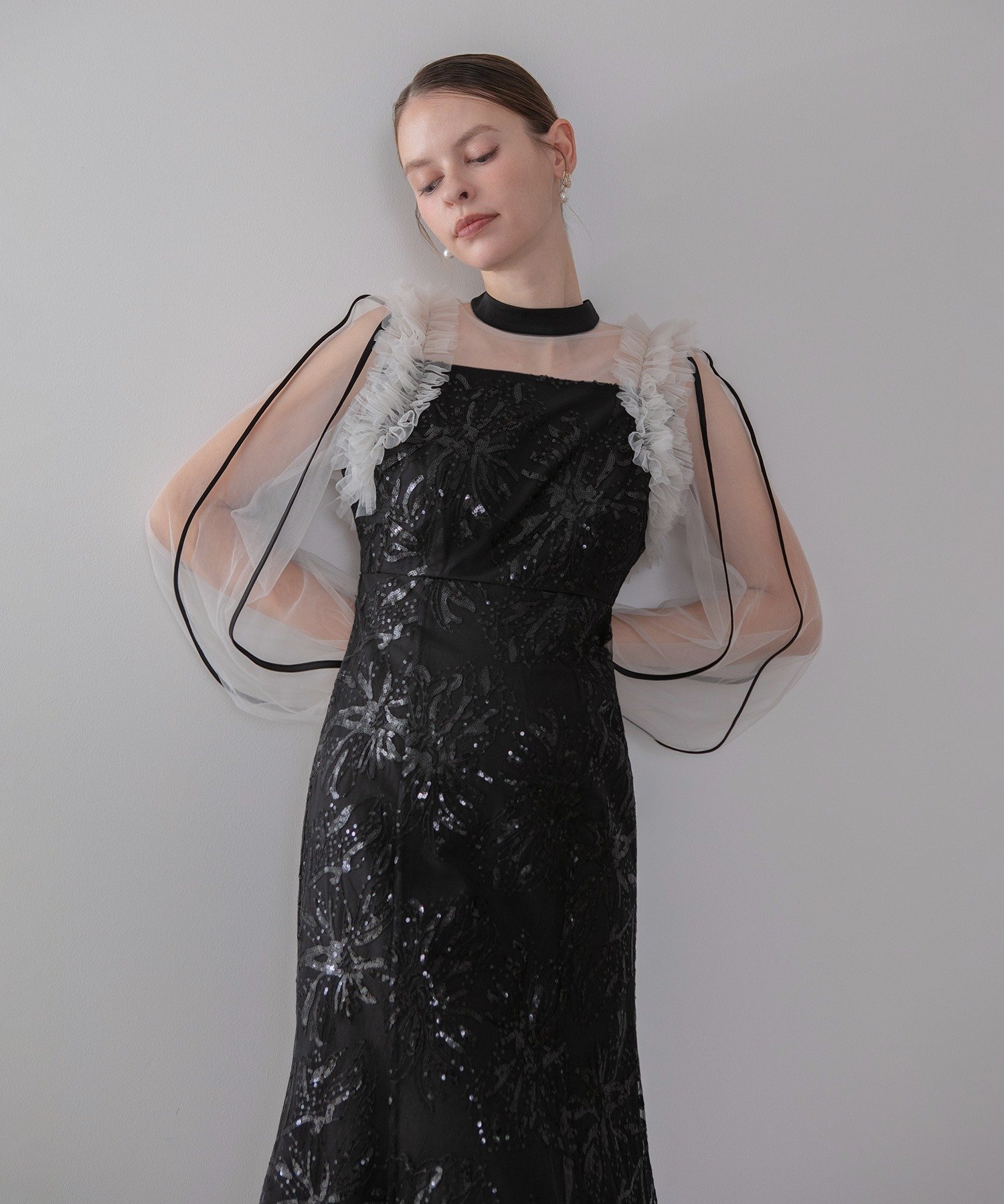 Leja｜Leja-フラワースパンコールチュールフリルロングスリーブ