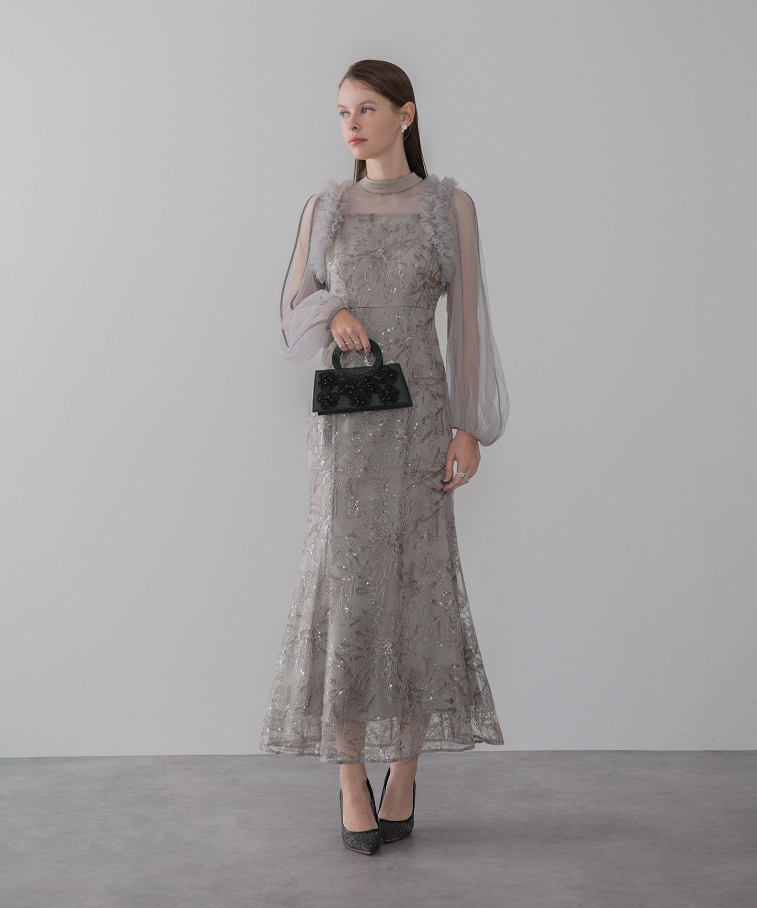 Leja｜Leja-フラワースパンコールチュールフリルロングスリーブ