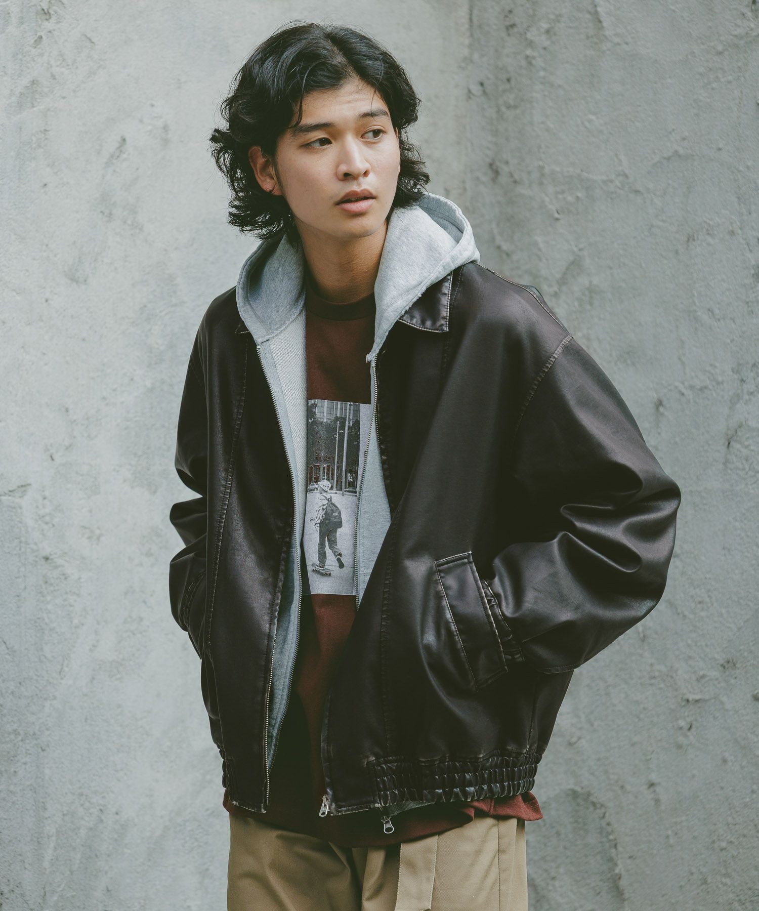 RAGEBLUE｜ヴィンテージライク/シンセティックレザーブルゾン