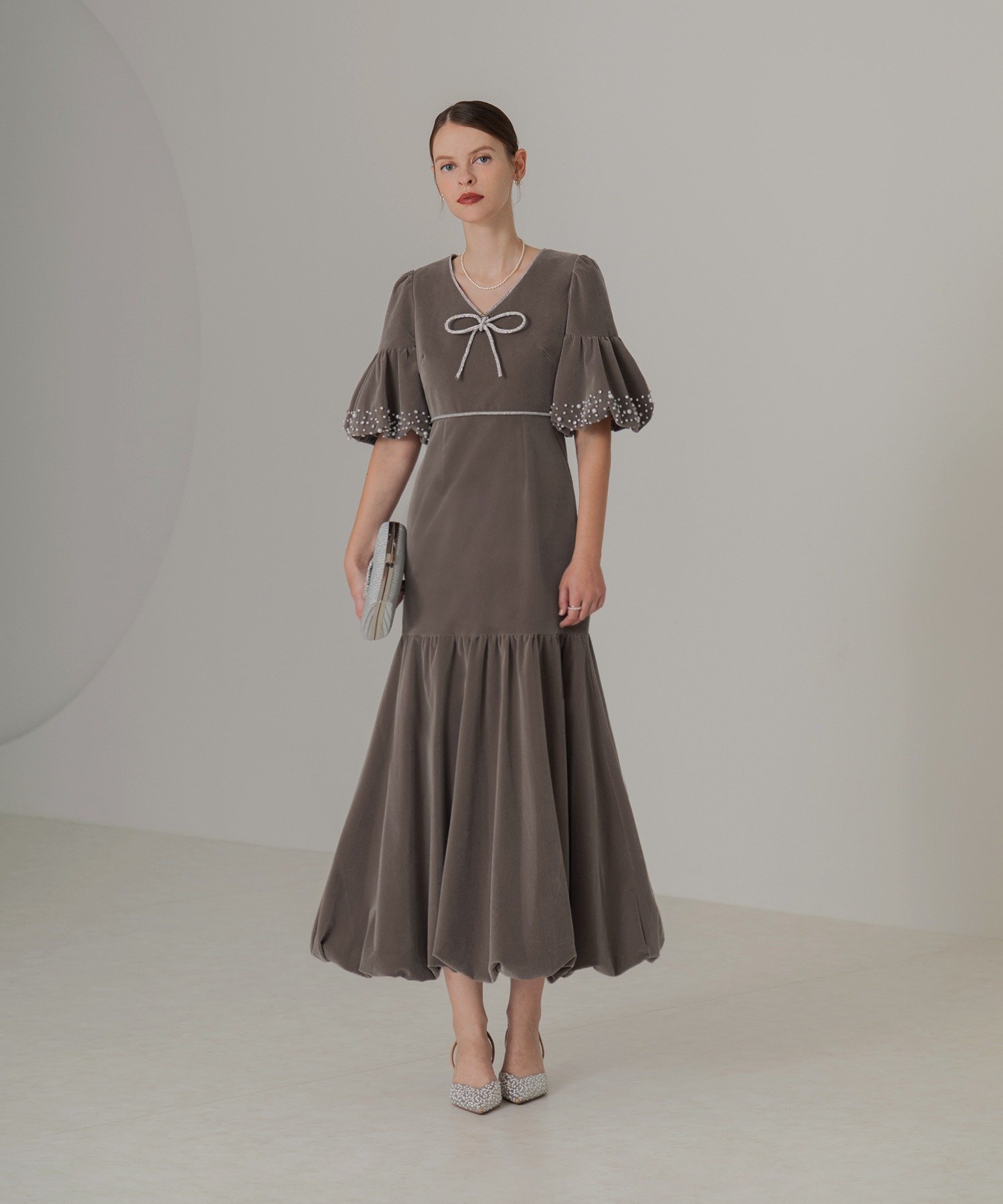 Leja｜LEJA-パールストーンリボンベロアギャザーワンピースドレス 結婚