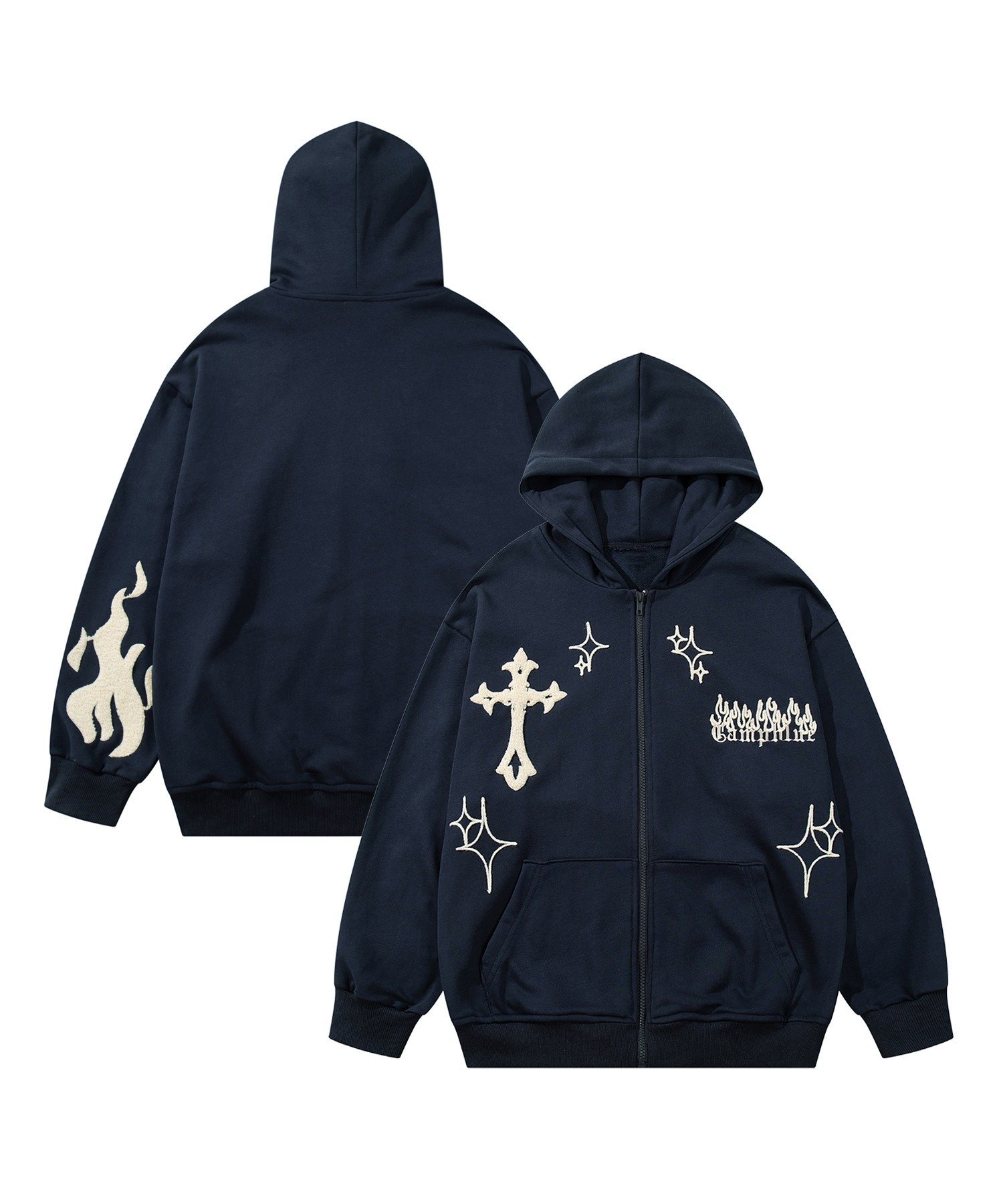 aimoha｜【HOOK】クロスと炎刺繍ジップパーカー | Rakuten Fashion