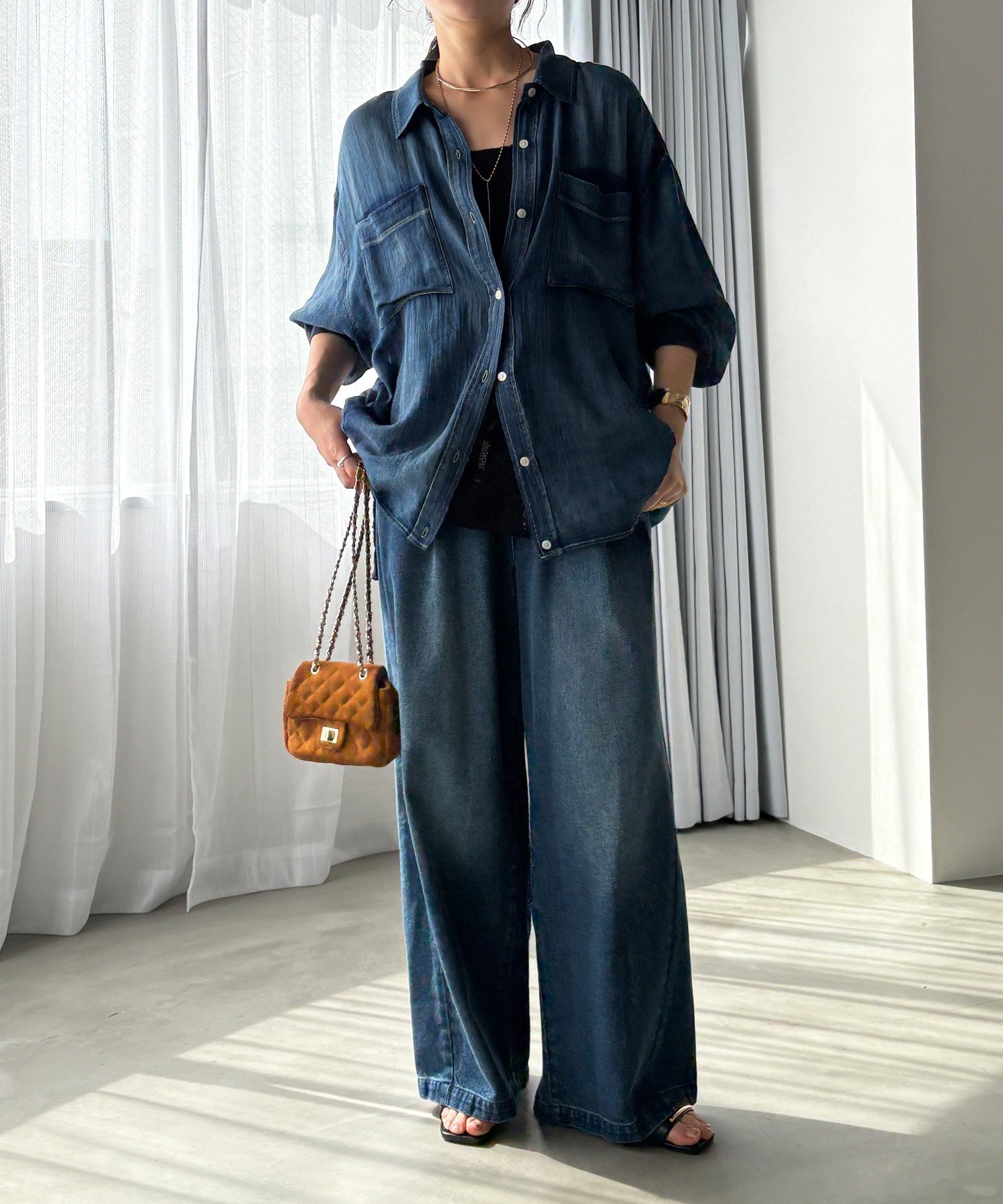 DOUDOU｜袖リブシアーデニムシャツ | Rakuten Fashion(楽天