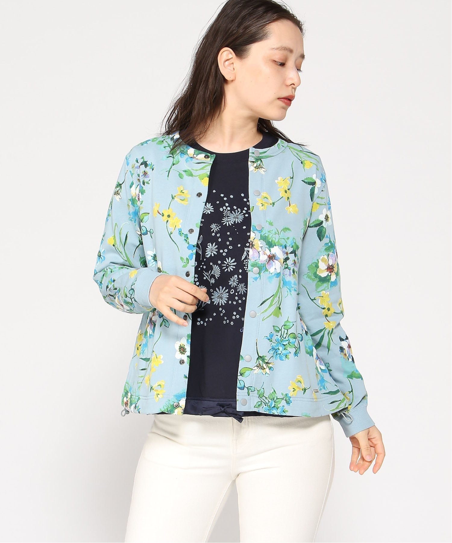 SUPER HAKKA｜フロラフロートプリント裏毛ドットボタンカーディガン