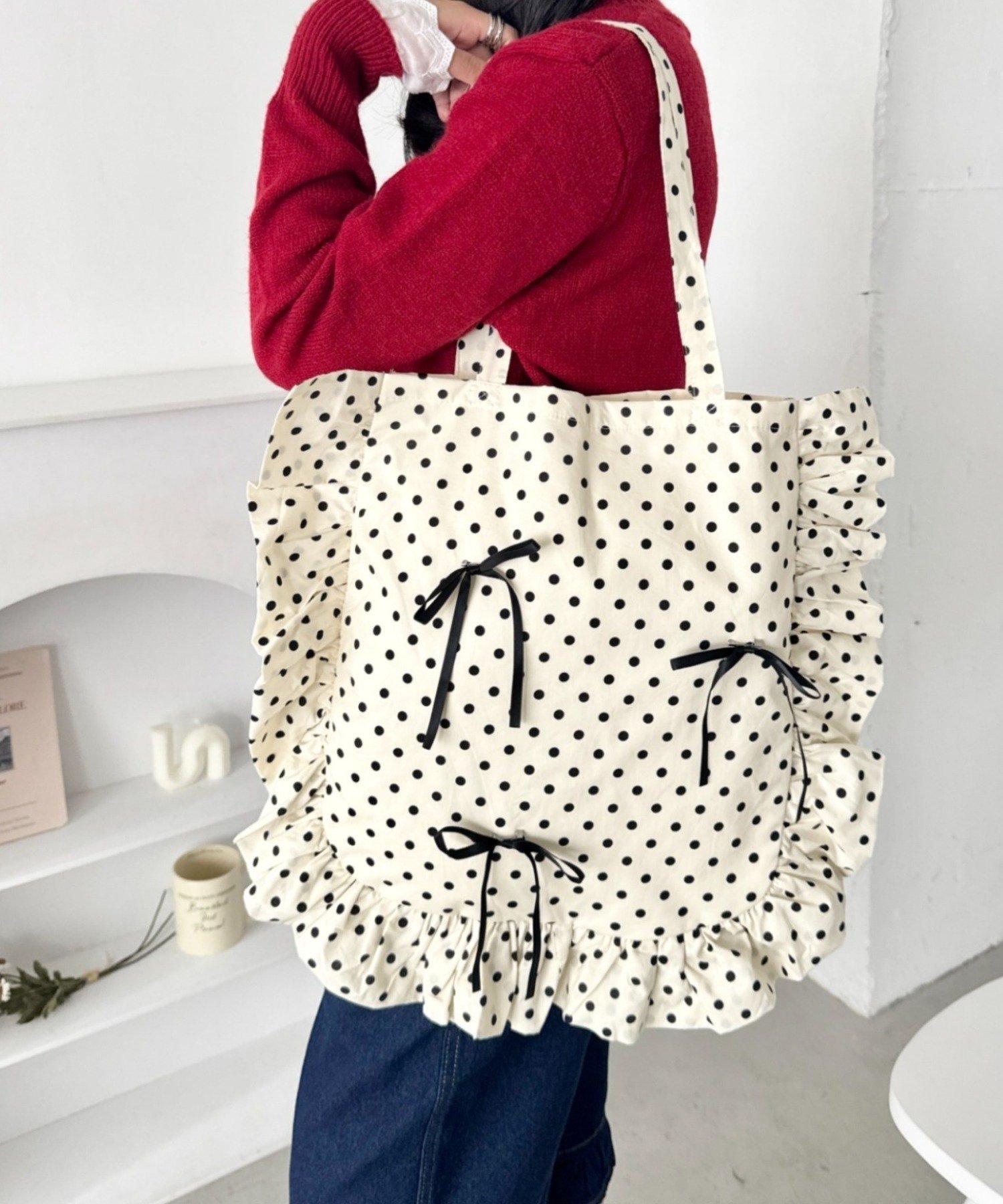 Outfitter lab｜【リボン取り外し可能】ドットフリルトートバッグ