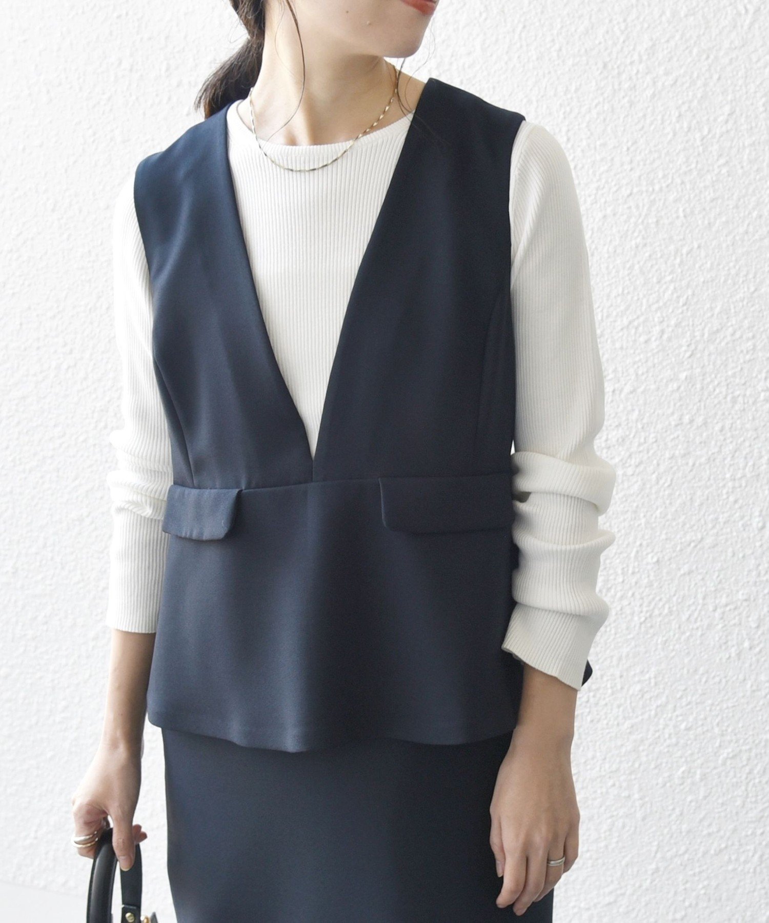 SHIPS any ダブルクロス Vネック ペプラム ワンピース シップス エニィ SHIPS any SHIPS any:〈洗濯機可能〉ダブルクロス V