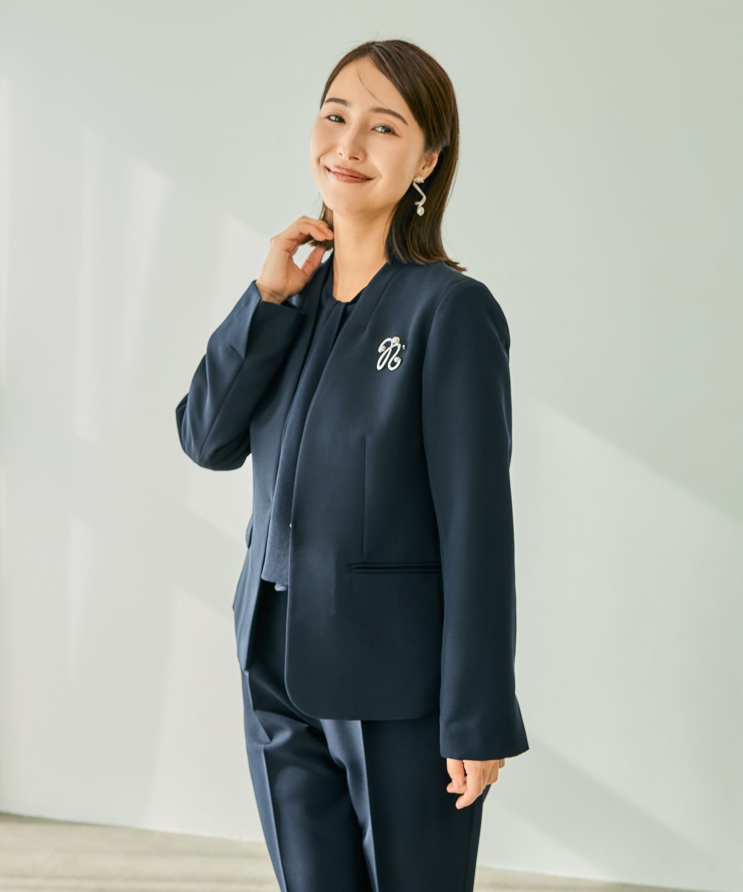 レプシム 洗える ノーカラー パンツ セットアップ スーツ ネイビー M