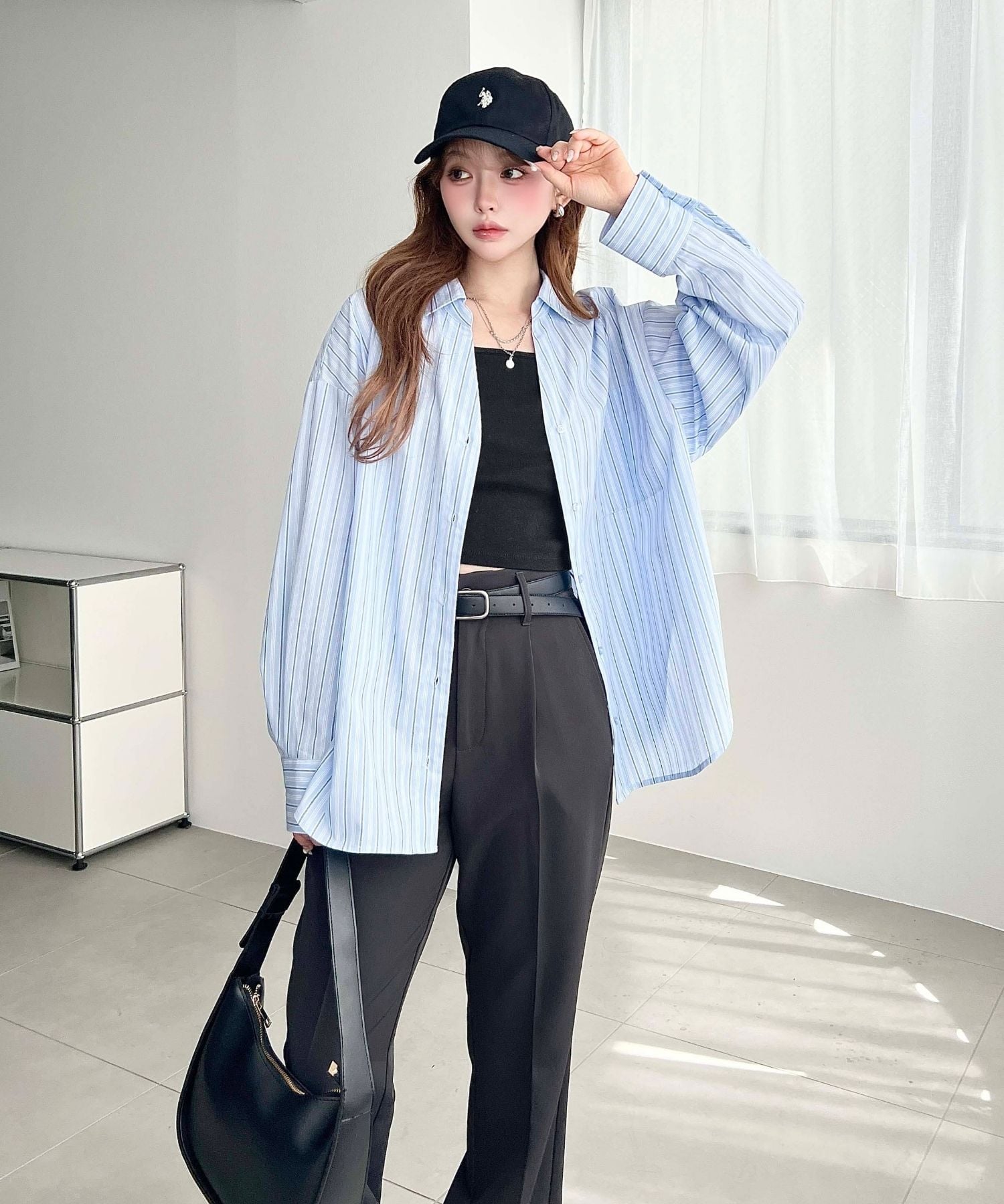 moment+｜マルチストライプ後ろ編み上げ長袖シャツ | Rakuten Fashion