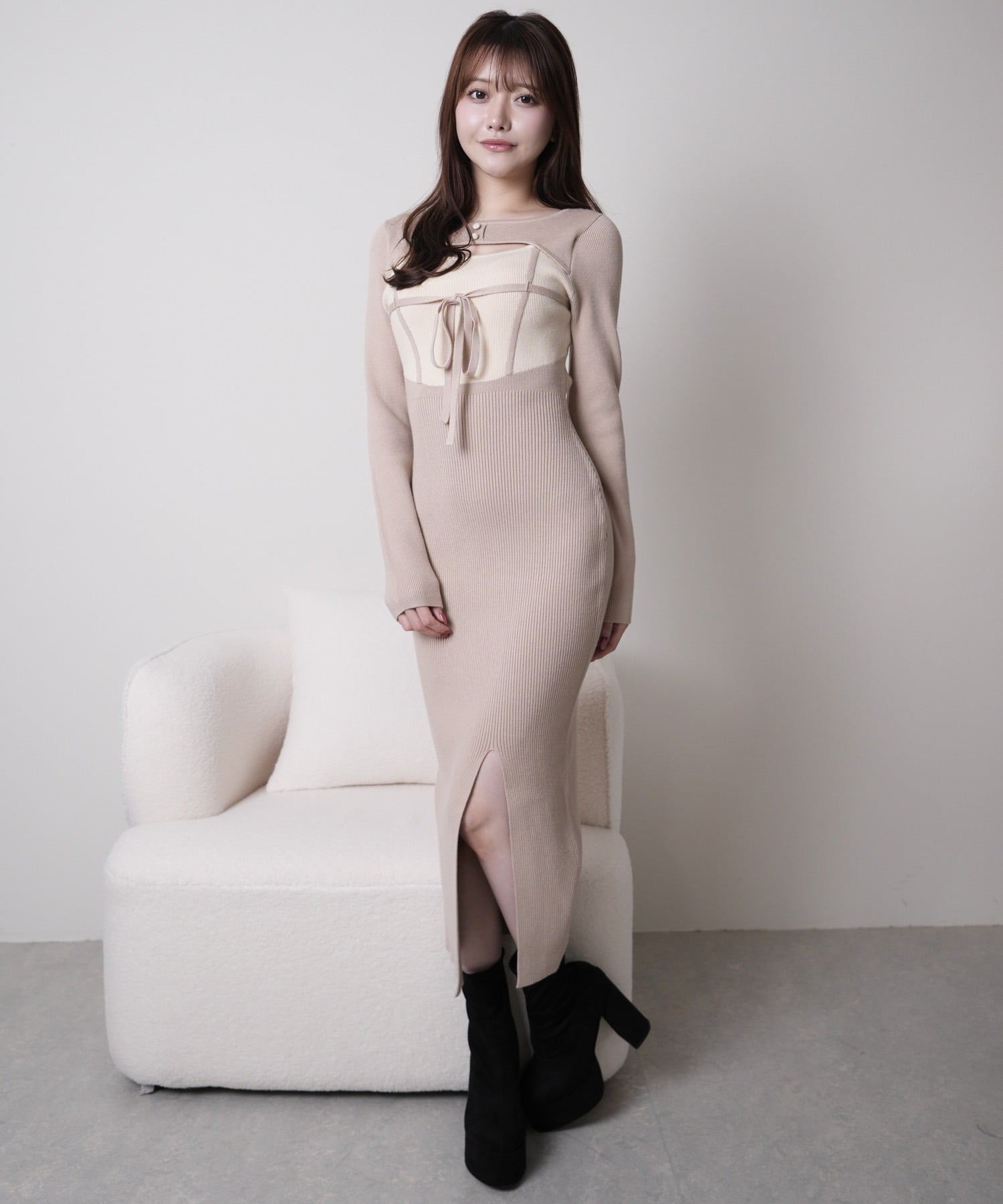 LIP SERVICE｜LIP SERVICE/(W)デコルテオープンバイカラーリボンニット