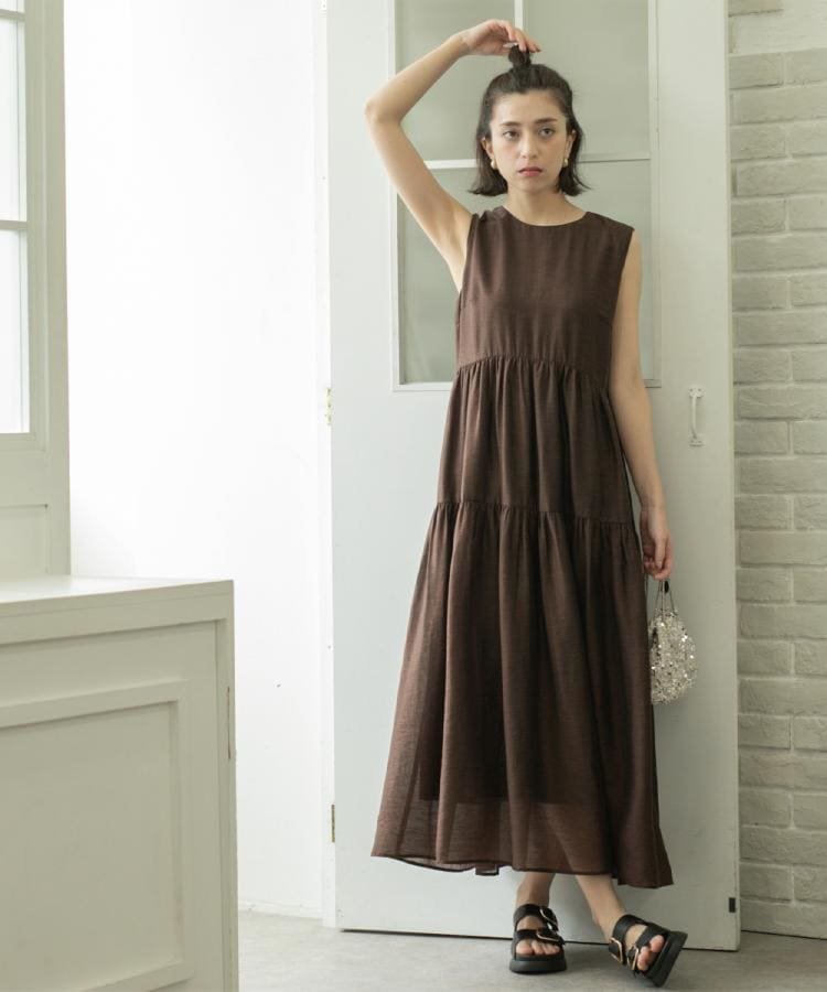 OPAQUE.CLIP｜麻混シアーギャザーティアードワンピース【洗濯機洗い可