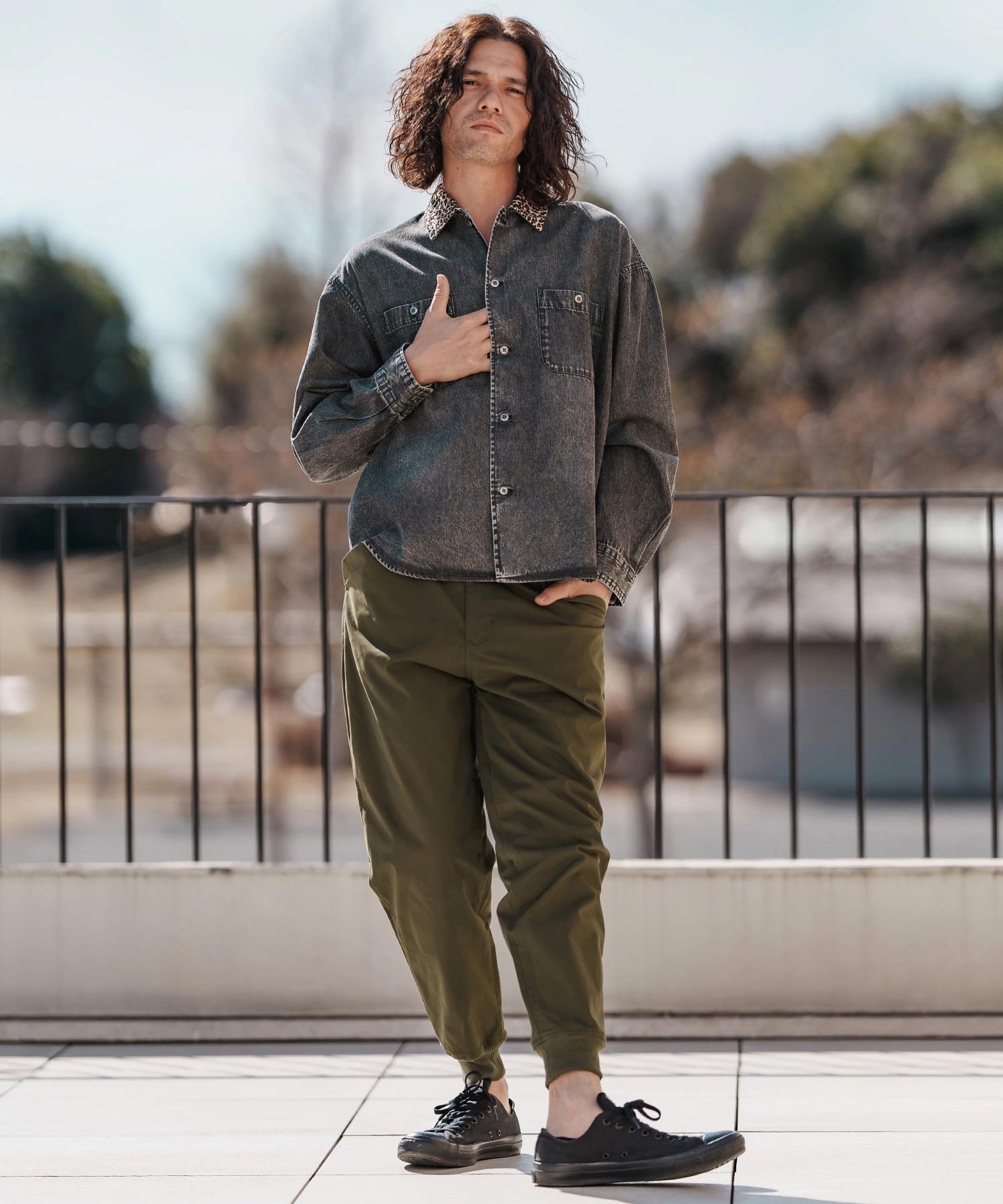 CAMBIO｜ms6023-レオパード襟切替ケミカルウォッシュ加工デニムシャツ