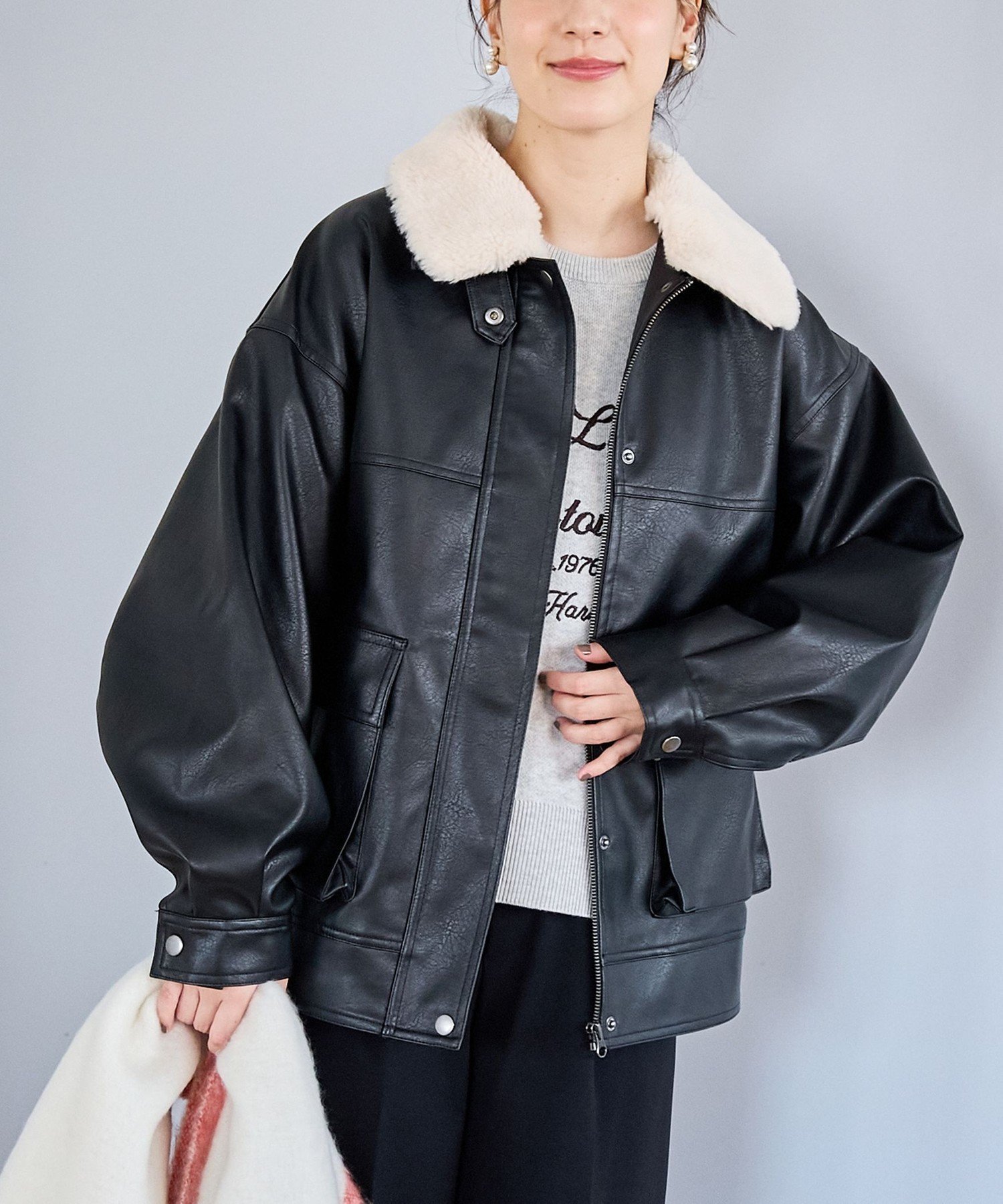 coen｜ボア襟付きレザーライクヴィンテージブルゾン | Rakuten Fashion