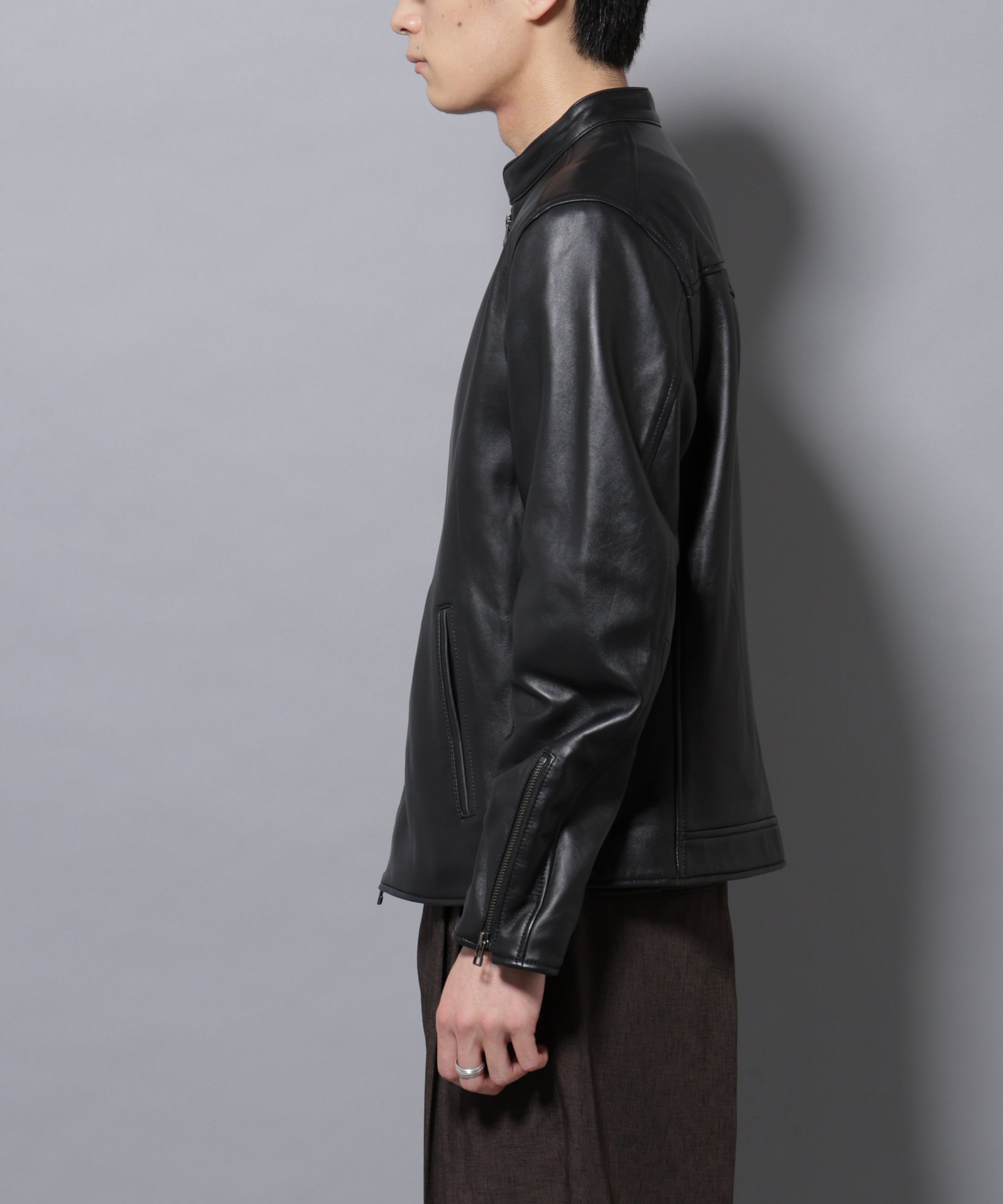 NANO universe｜バンドカラーレザーシングルライダースジャケット