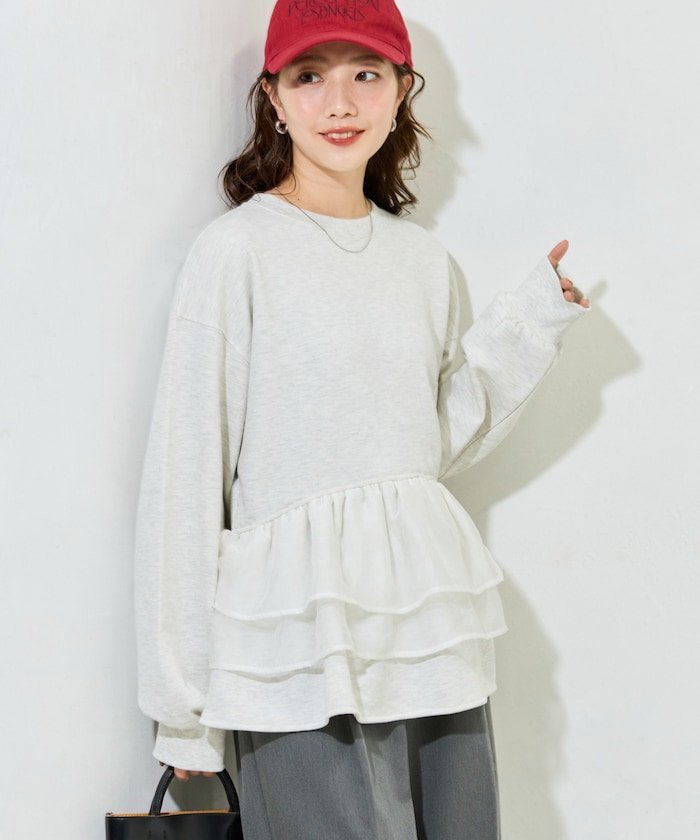 FREAK'S STORE｜オーガンジー フリル 切り替え 裏毛 スウェット プル