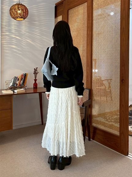 LILY BROWN｜ボウタイ付きフリンジジャガードペプラムワンピース