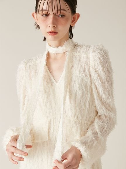 LILY BROWN｜ボウタイ付きフリンジジャガードペプラムワンピース