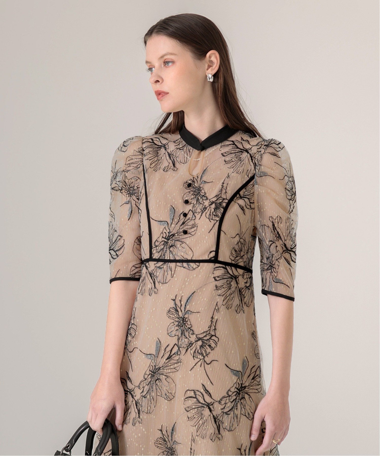 Leja｜LEJA-配色パイピング花柄ラメレースワンピースドレス 結婚式