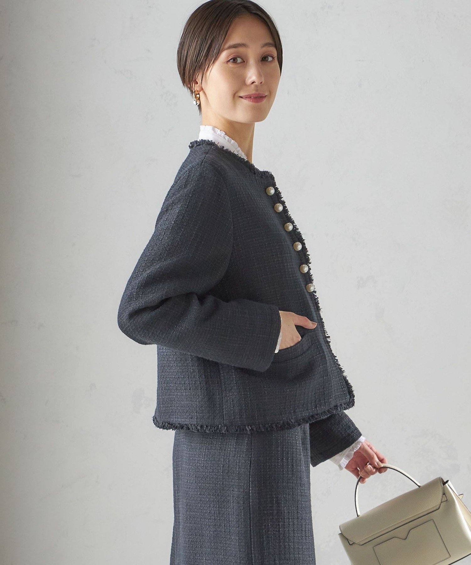 SHIPS スラブ ツイード ノーカラー ジャケット 36 シップス SHIPS 〈セレモニー対応可〉スラブ ツイード ノーカラー