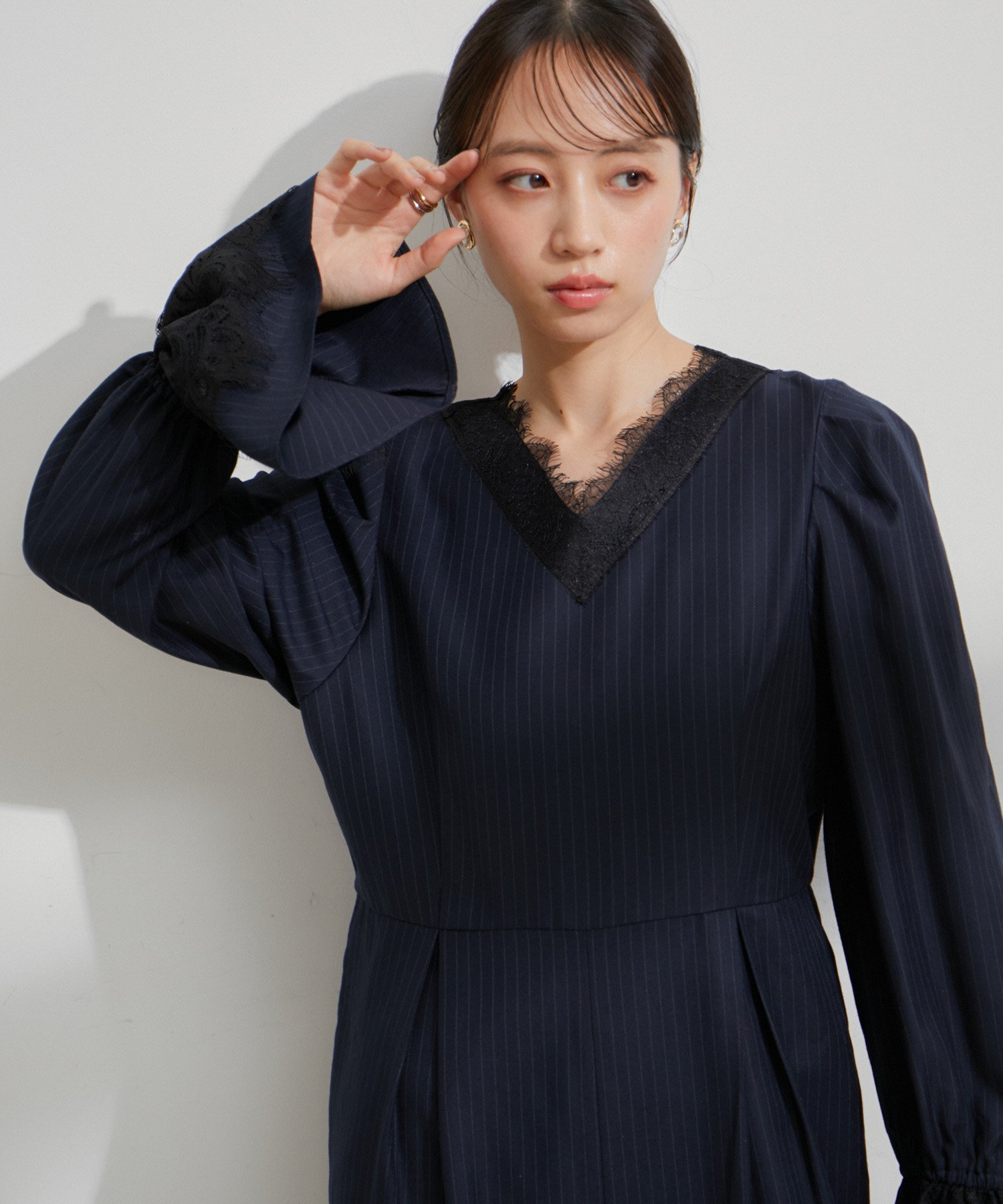 VIS｜【VIS DRESS】ピンストライプレースオールインワン【洗える