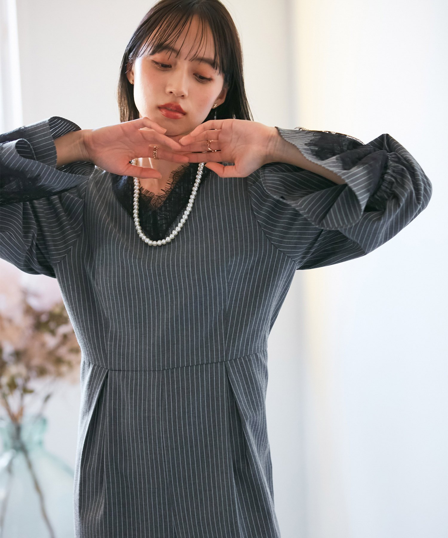 VIS｜【VIS DRESS】ピンストライプレースオールインワン【洗える