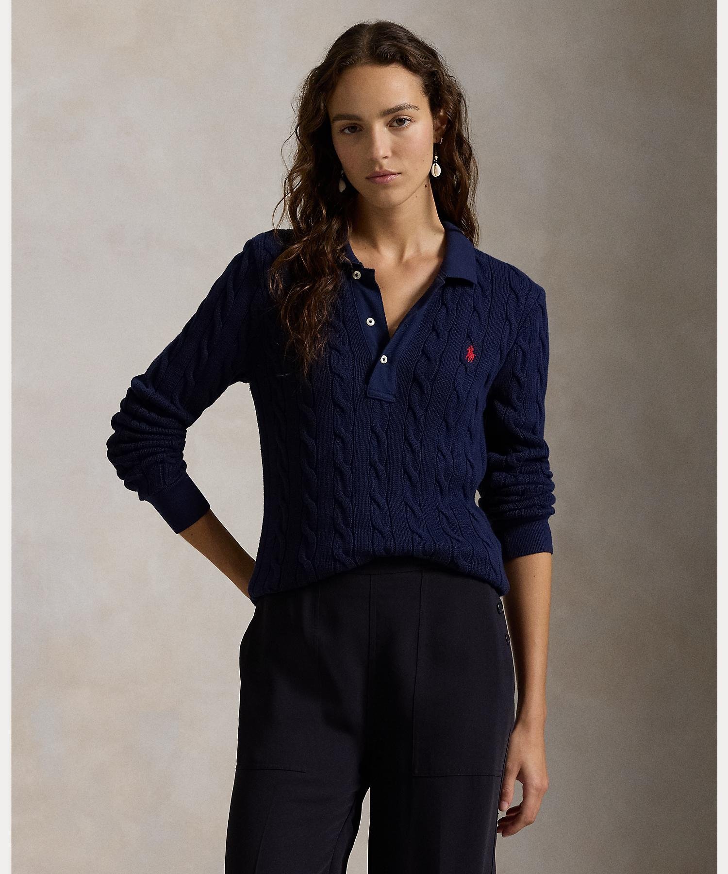 RALPH LAUREN｜ケーブルニット コットン ロングスリーブ ポロシャツ