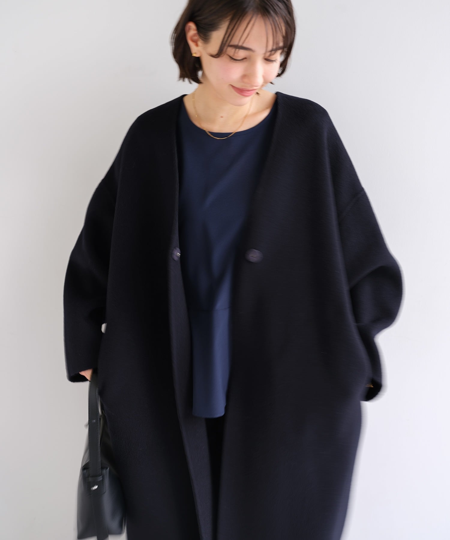 andme｜ノーカラー リバー コクーン コート evernavy エバーネイビー