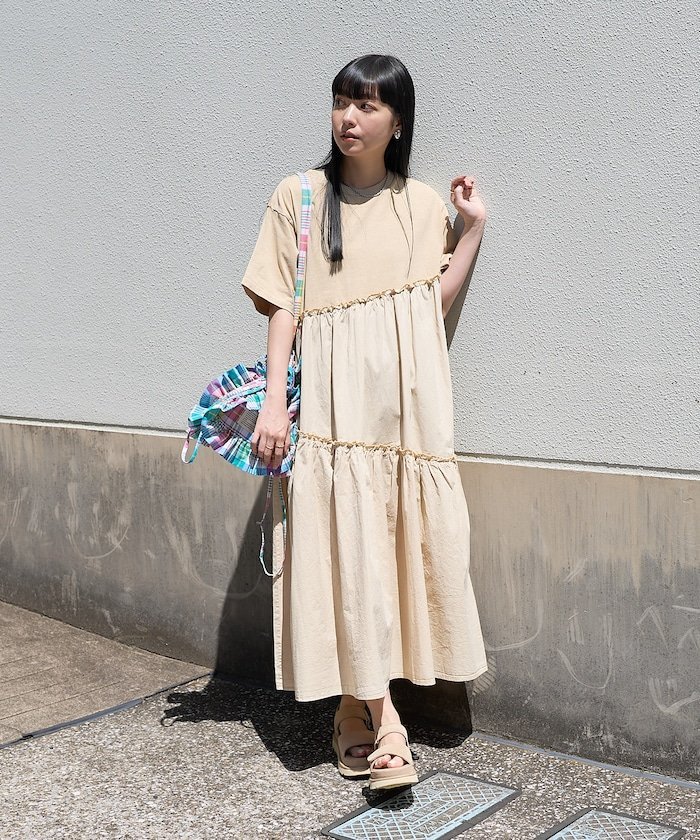 FREAK'S STORE｜裾フリル ピグメント半袖ワンピース/ドッキング