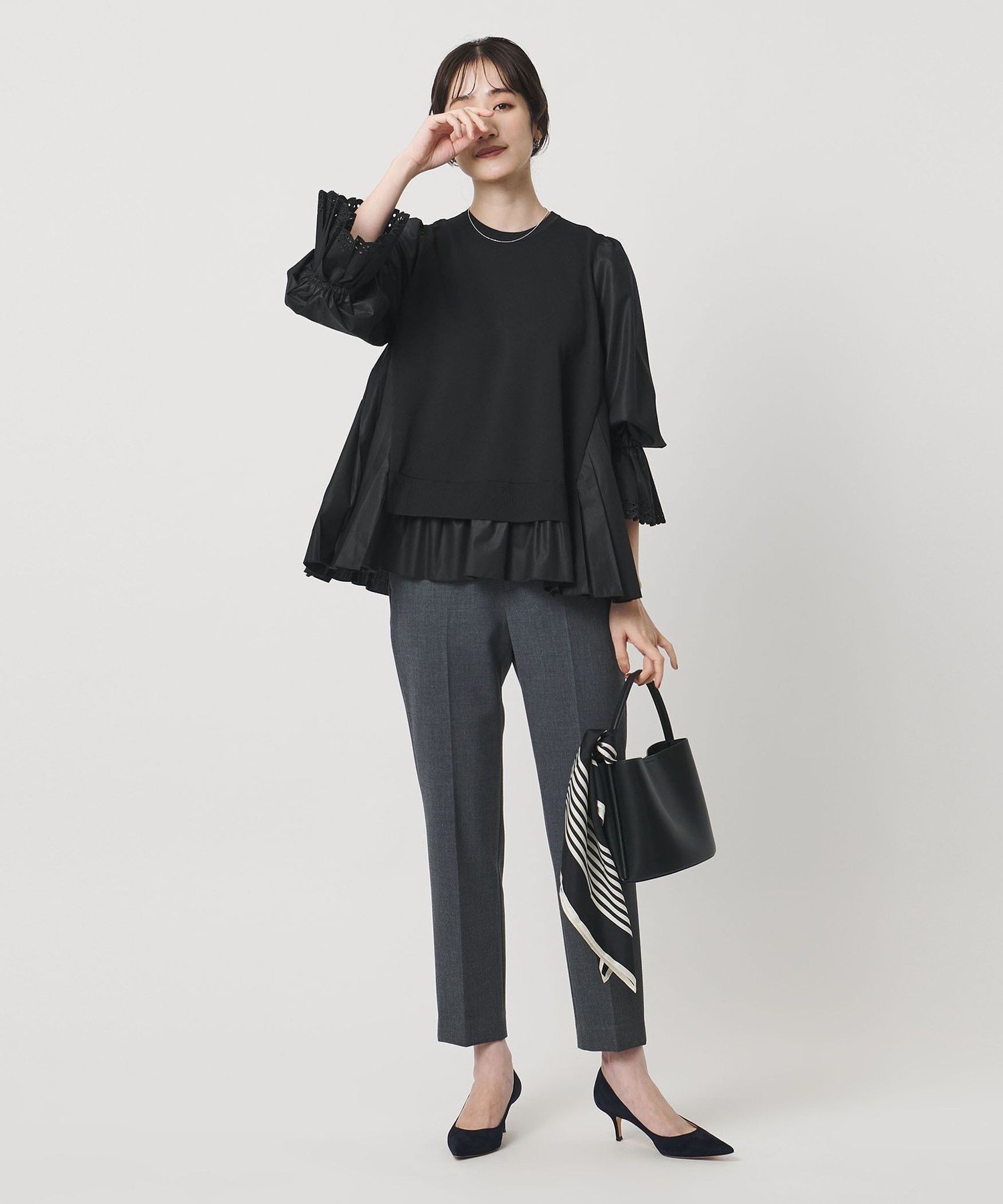 UNITED ARROWS｜プリーツ コンビ ニット ブラウス -ウォッシャブル