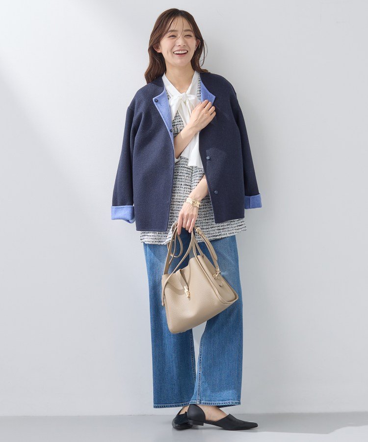 INDIVI｜【配色デザイン/ショート丈】ウールリバー ノーカラーコート