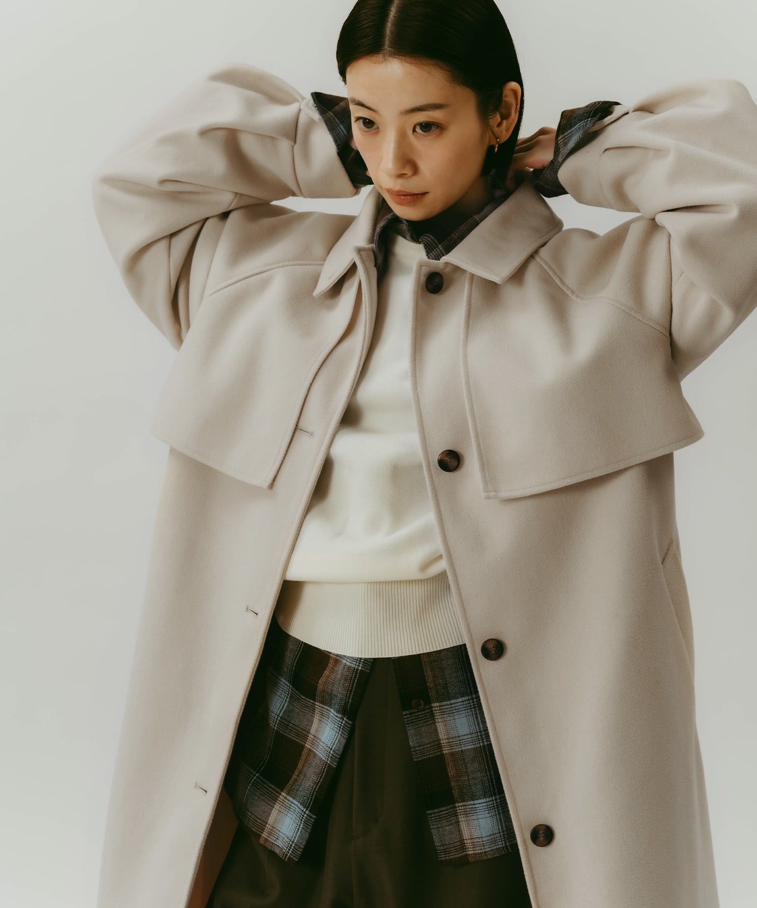 andme｜フェイクウール ウエストベルト付き ロング丈トレンチコート