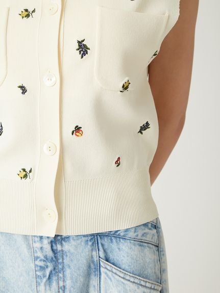 FRAY I.D｜フルーツ刺繍ポロカラーノースリニットジレ/接触冷感