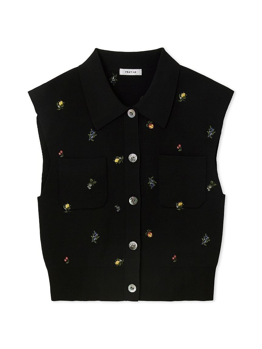 FRAY I.D｜フルーツ刺繍ポロカラーノースリニットジレ/接触冷感