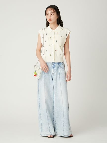 FRAY I.D｜フルーツ刺繍ポロカラーノースリニットジレ/接触冷感