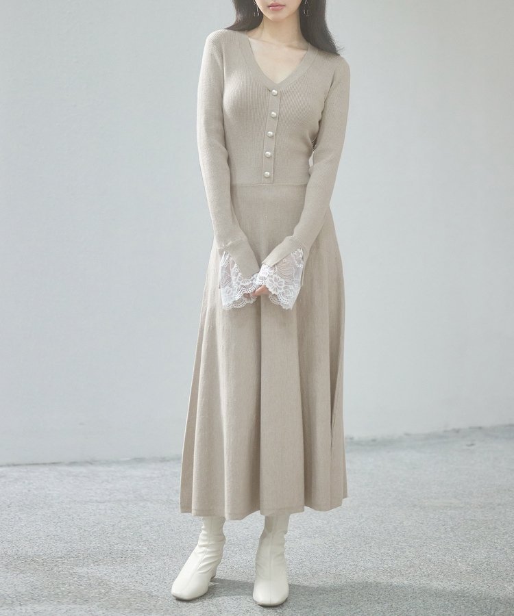 SAISON DE PAPILLON｜パールボタンフレアニットワンピース | Rakuten