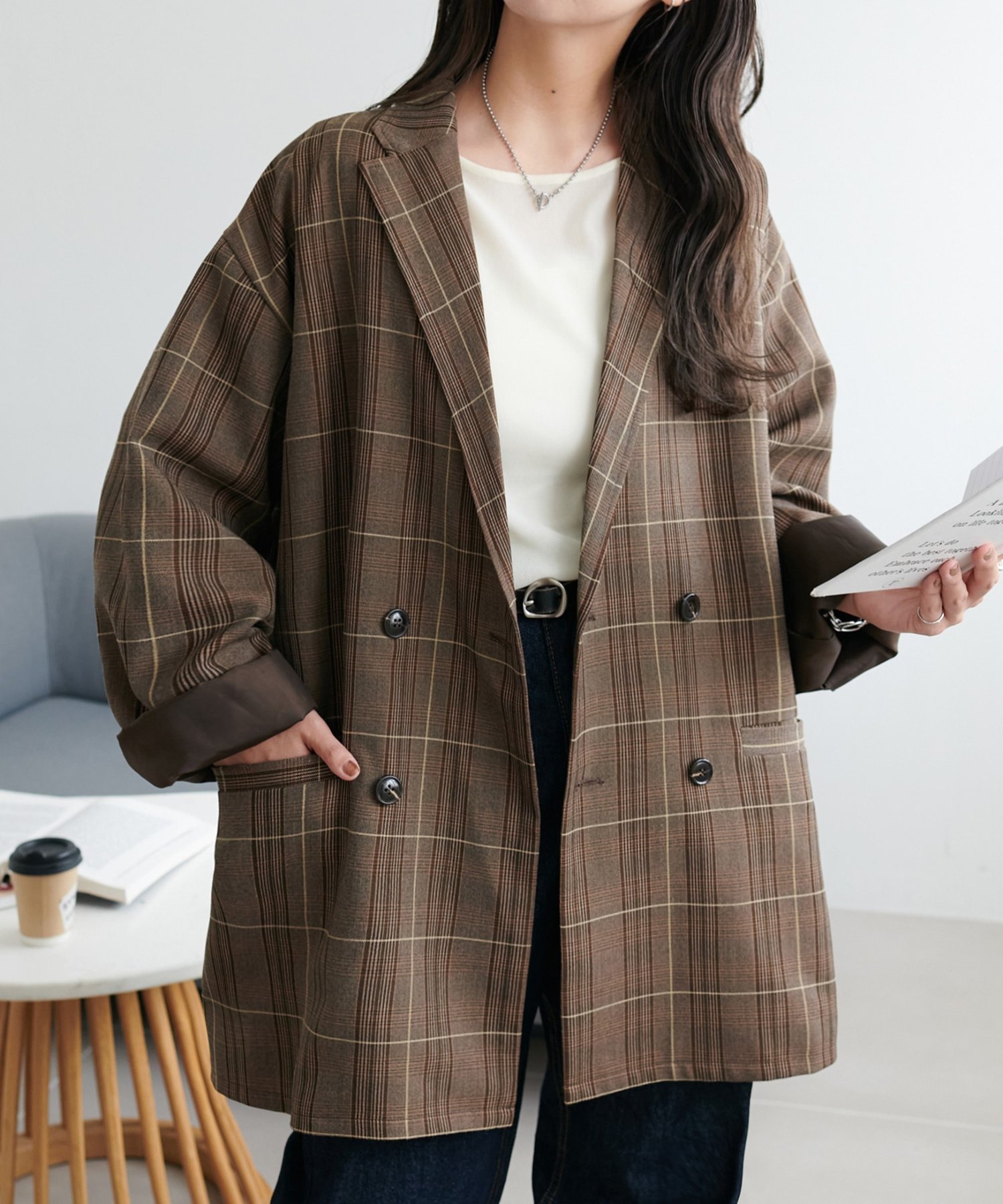 Discoat｜【ユニセックス】チェックWブレストオーバージャケット