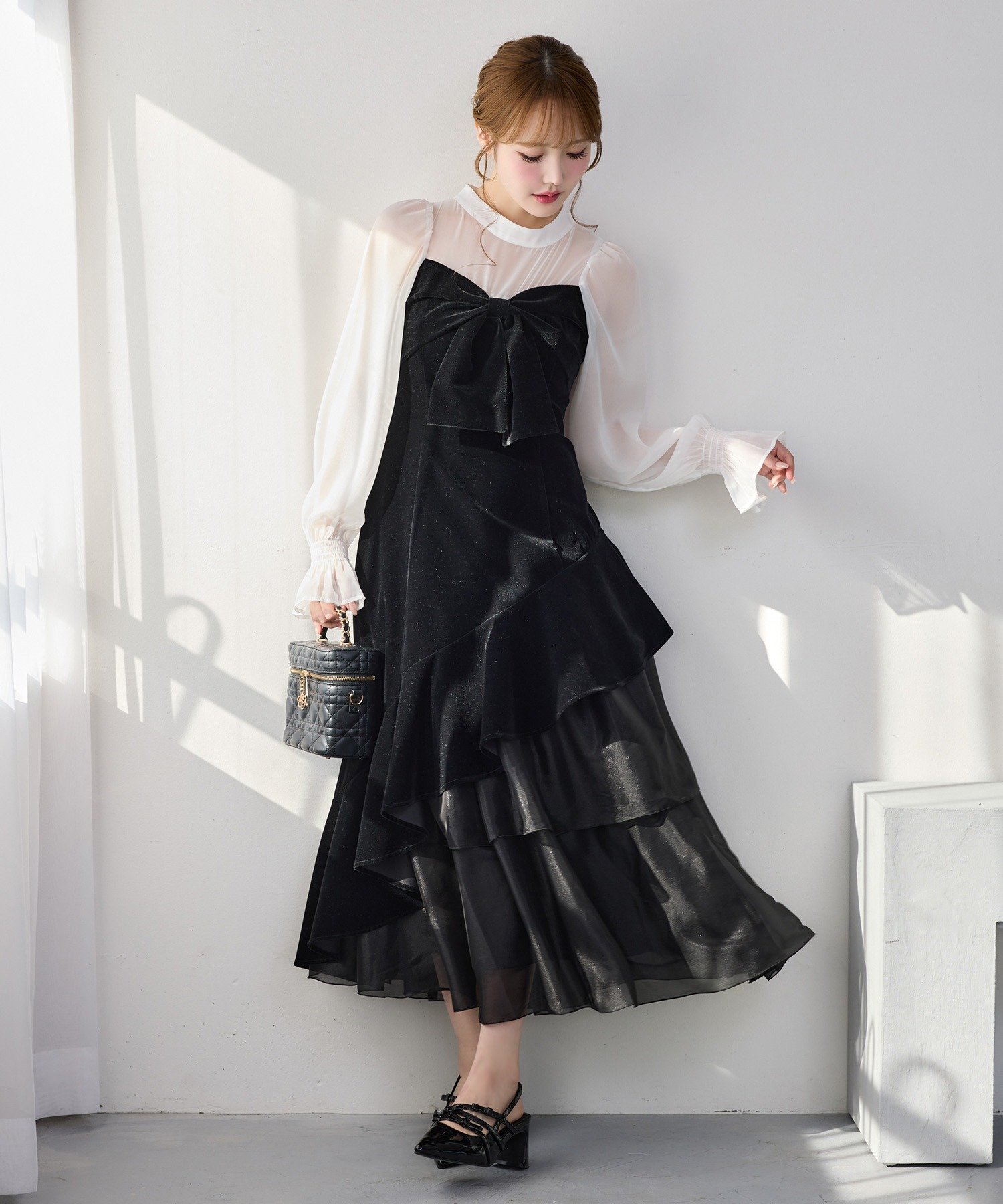 one after another NICE CLAUP｜ベロアリボン異素材ロングワンピース