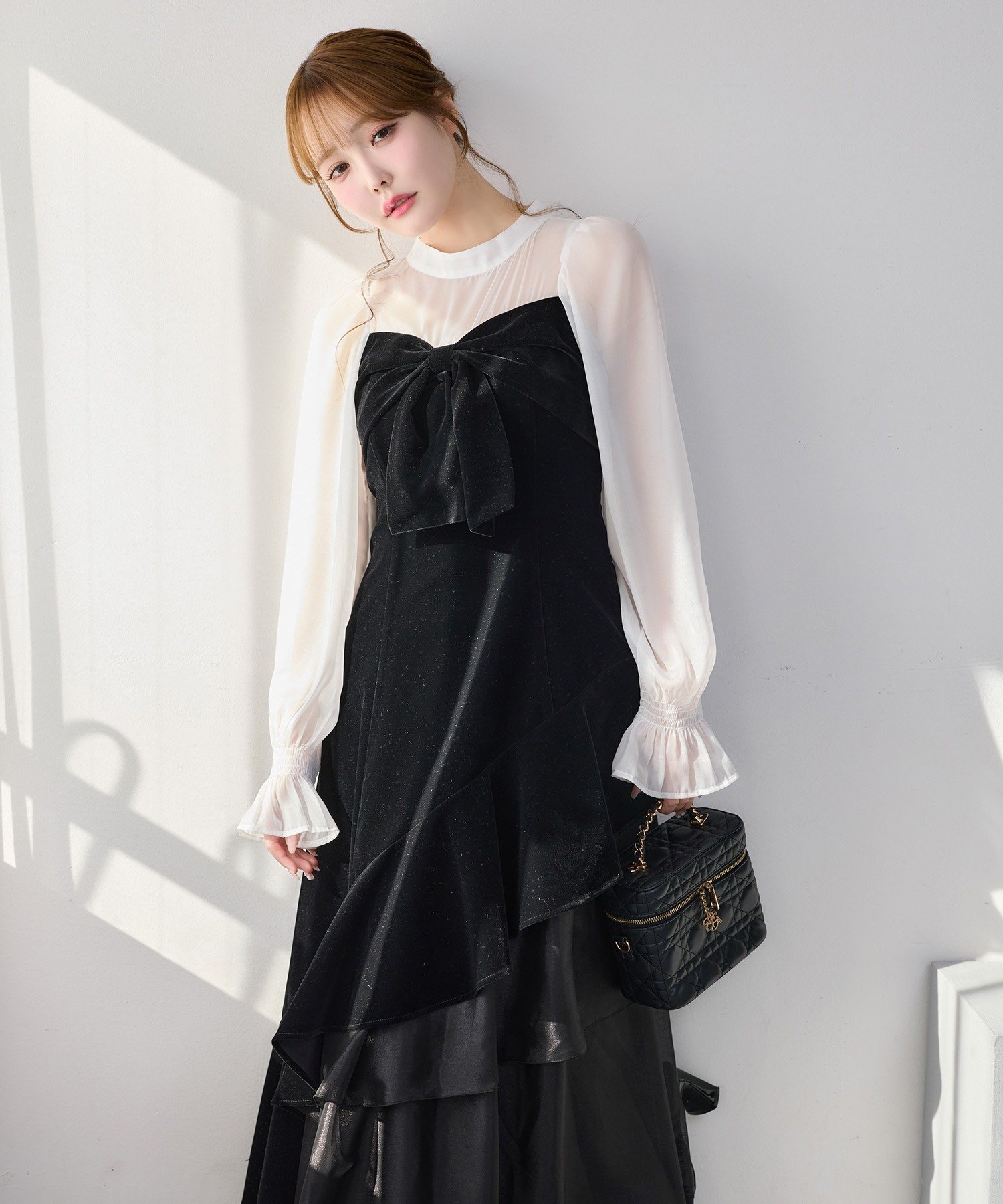 one after another NICE CLAUP｜ベロアリボン異素材ロングワンピース