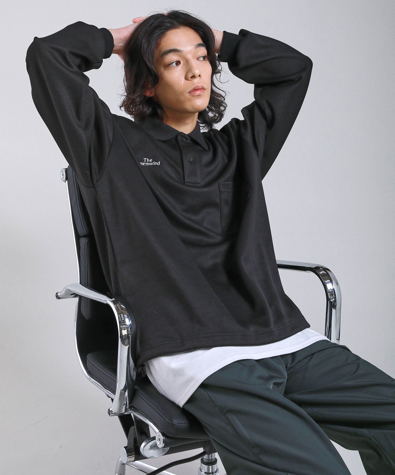 THE CASUAL｜胸ロゴ刺繍裾ドローコード鹿の子ポンチハーフボタン長袖