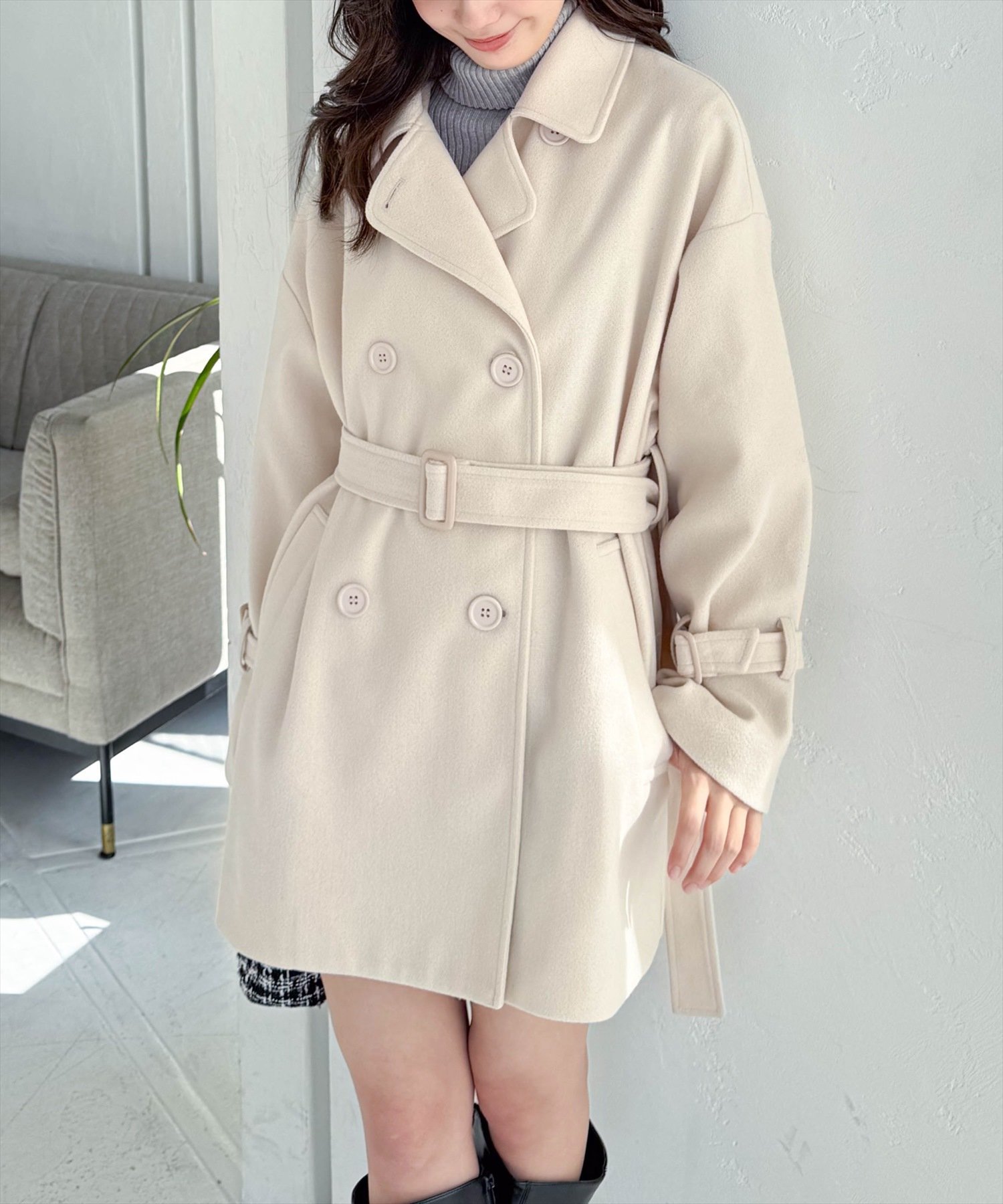 clear｜フェイクウールベルト付きダブルミドルコート | Rakuten