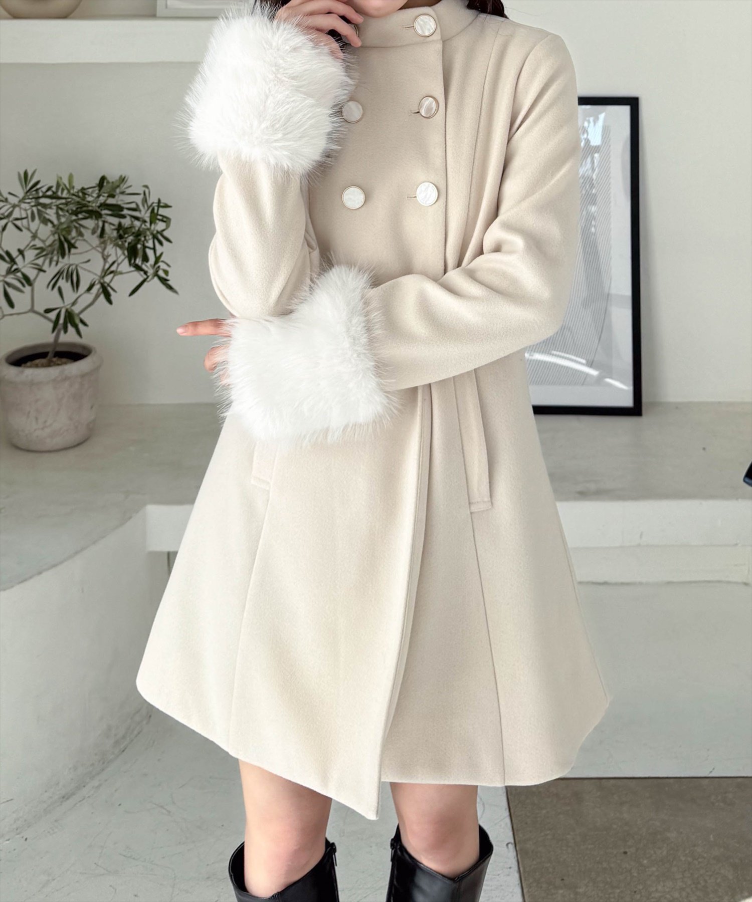 clear｜ミドル丈ダブルボタンファー付きコート | Rakuten Fashion(楽天