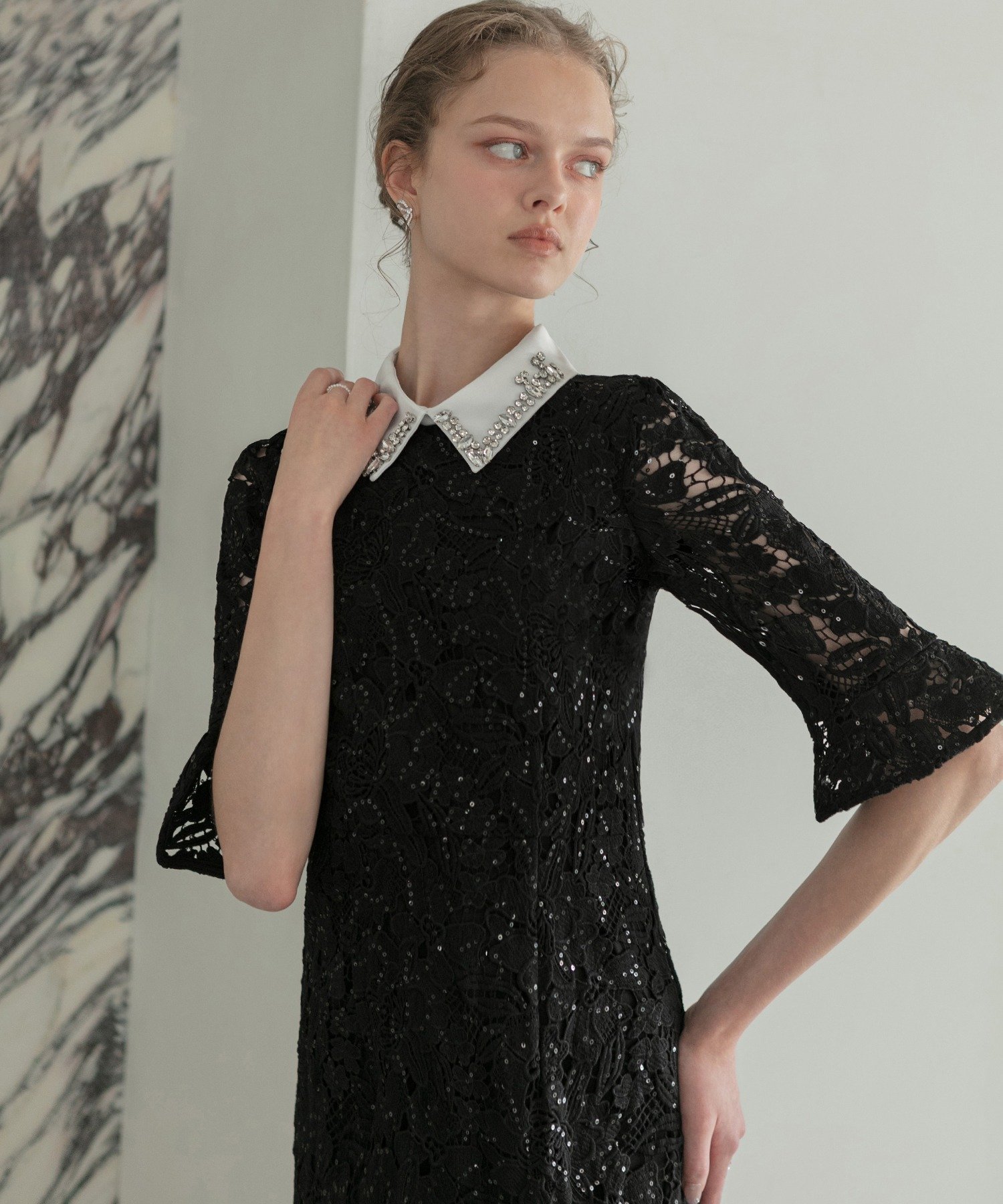 Leja｜Leja-ビジューカラーフラワーフリルマーメイドワンピースドレス