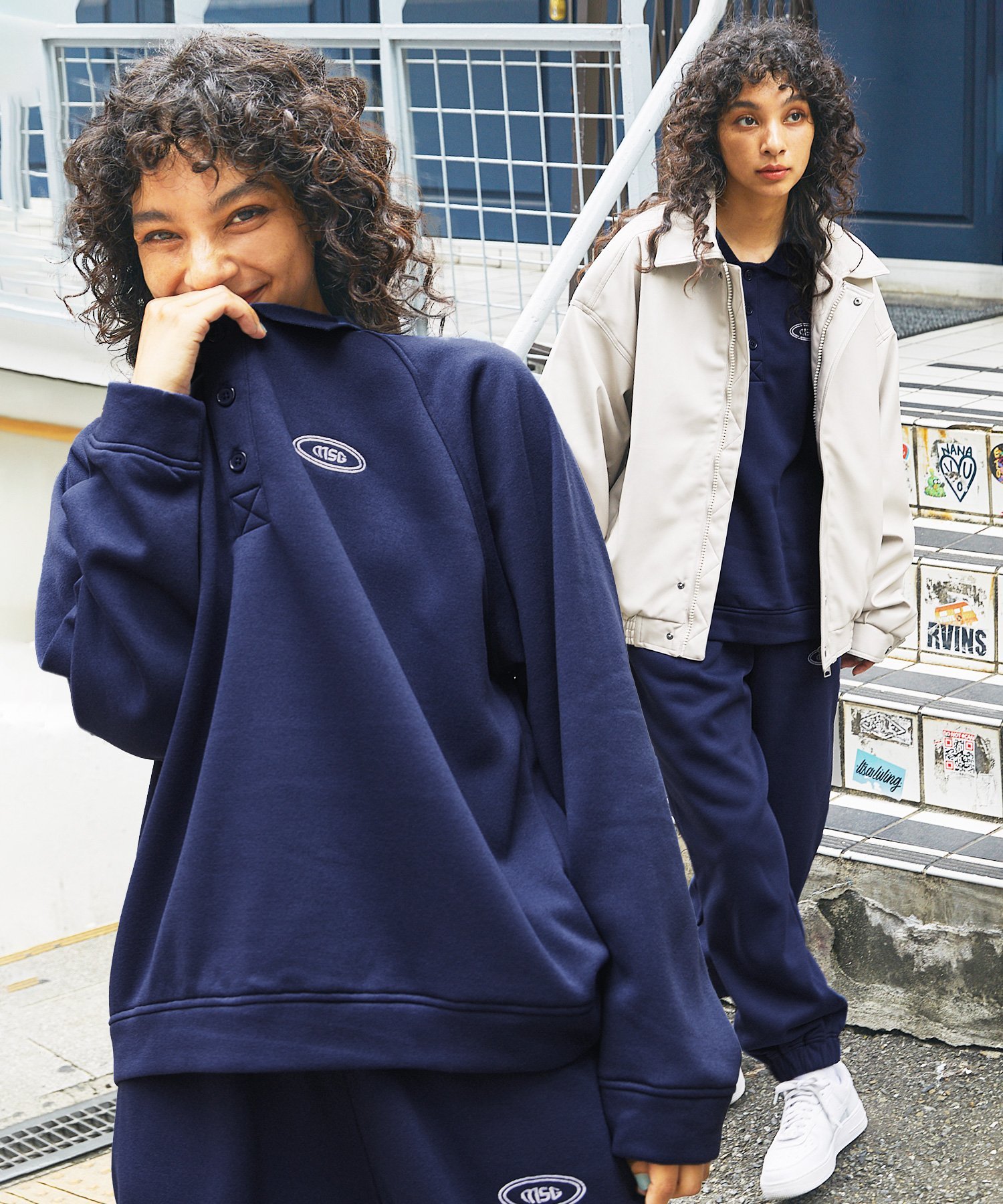 THE CASUAL｜ロゴ刺繍襟付きスウェット+イージスウェットパンツ