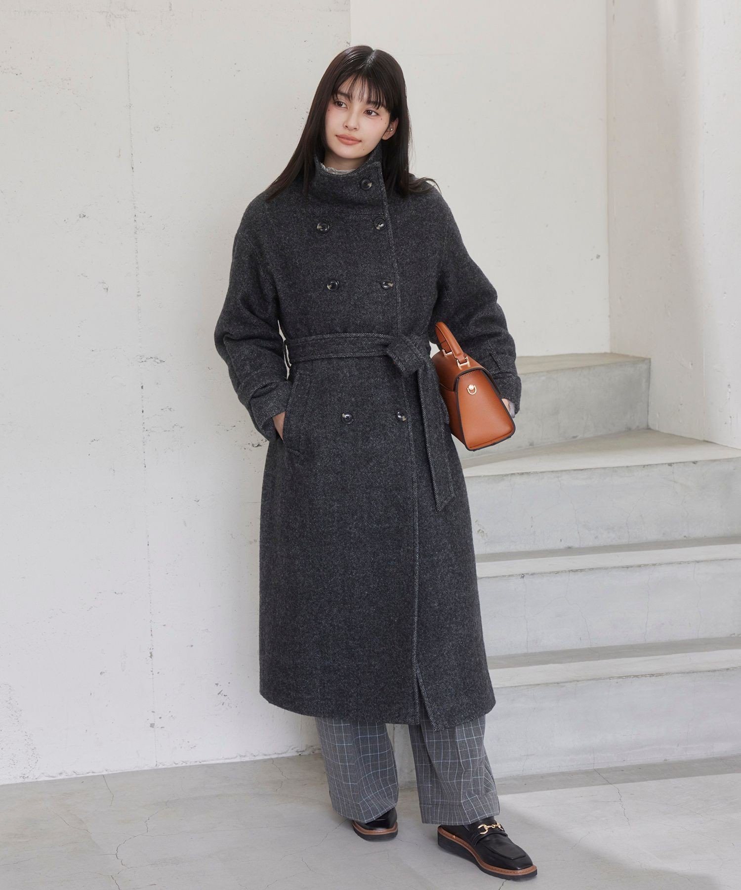 VIS｜尾州シャギースタンドカラーロングコート/静電気防止・WEB限定PS