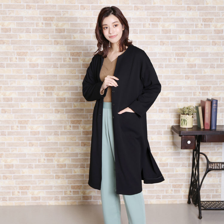 楽天市場】ノーカラー ロングコート レディース ストレッチ ブラック