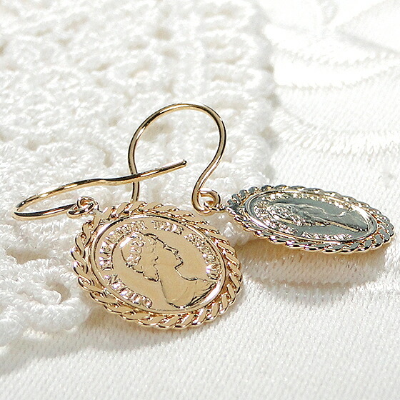 楽天市場】K18YG エリザベス二世 コイン型 フック ブラ ピアス18金 K18