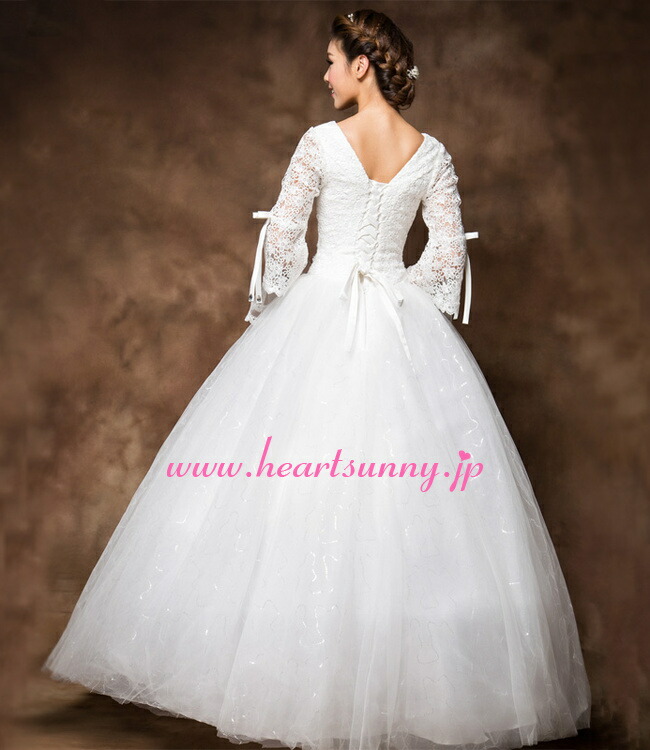 楽天市場】ウェディングドレス プリンセス☆E168☆Vネック長袖 透明感