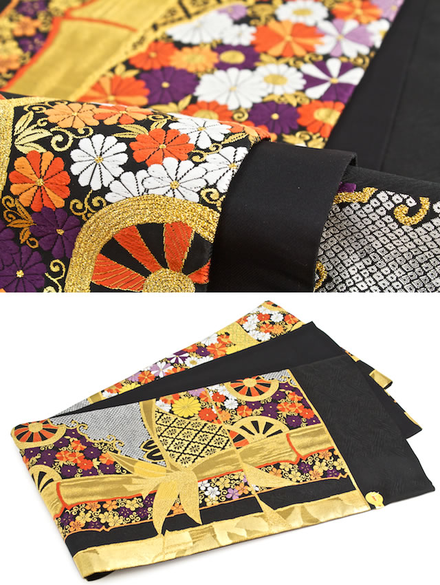 楽天市場】【40％OFF】袋帯 振袖用 未仕立て 黒 金 竹 菊 花 伊豆蔵