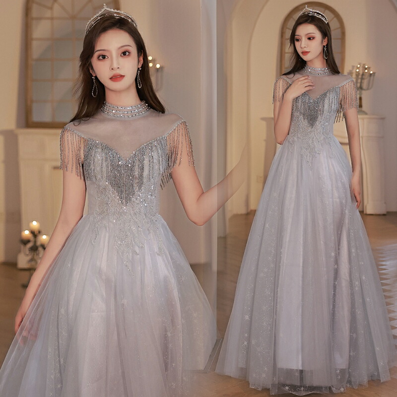 楽天市場】カラードレス ファスナー グレー フリンジ揺れる ビーズ